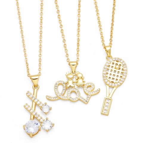 Korean Style Letter Tennis Racket Copper 18k Gold Plated Zircon Pendant Necklace In Bulk