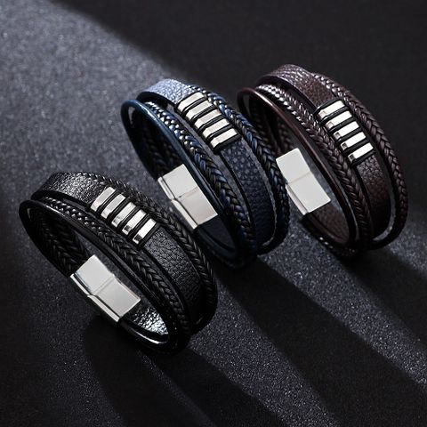 Hip-Hop Oval Stainless Steel Alloy Pu Leather Knitting Men'S Bangle