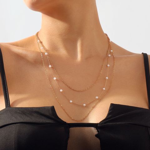 Wholesale Jewelry Simple Style Lines Imitation Pearl Iron Chain Layered Necklaces