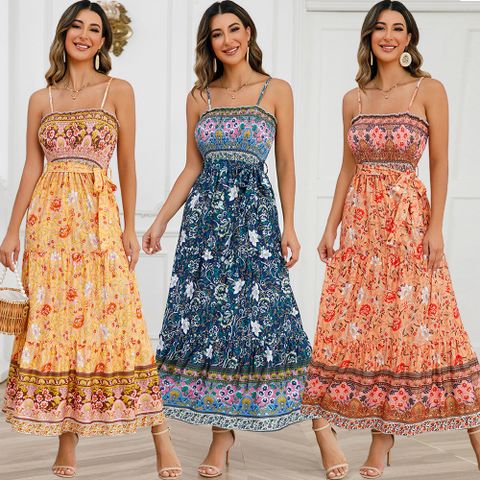 Women's A-line Skirt Vacation Boat Neck Printing Sleeveless Ditsy Floral Maxi Long Dress Holiday Beach