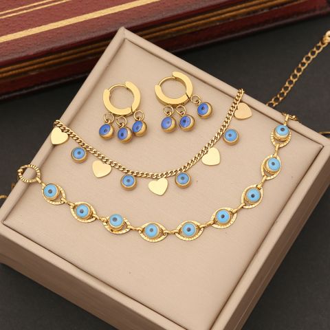 Stainless Steel 18K Gold Plated INS Style Enamel Eye Bracelets Earrings Necklace
