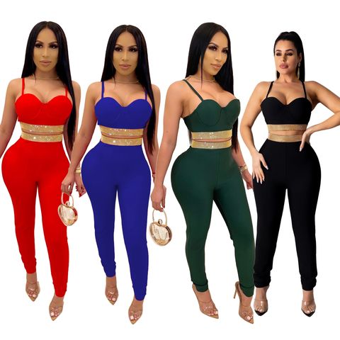 Women's Fashion Solid Color Polyester Knit Diamond Pants Sets