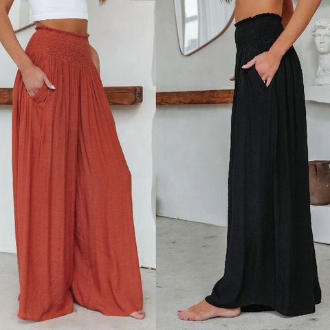 Women's Daily Casual Solid Color Full Length Patchwork Pleated Casual Pants Wide Leg Pants