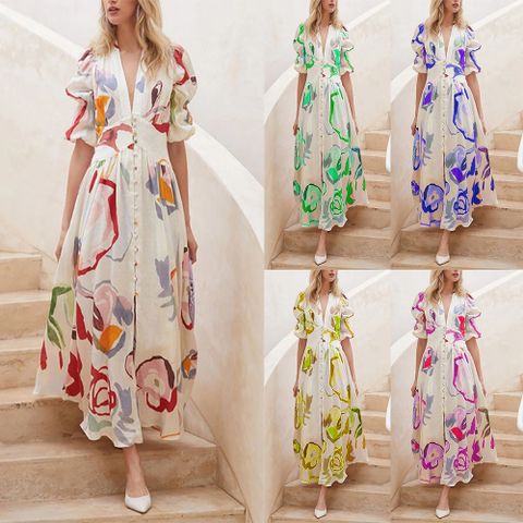 Women's A-line Skirt Elegant V Neck Printing Long Sleeve Flower Maxi Long Dress Daily