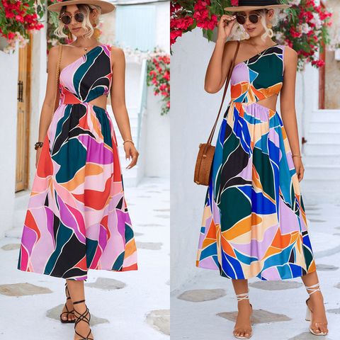 Women's A-line Skirt Vacation Oblique Collar Patchwork Sleeveless Color Block Midi Dress Street