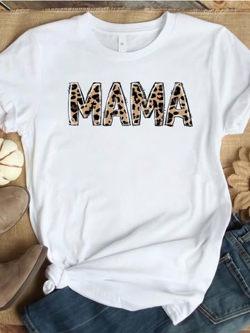 Women's T-shirt Short Sleeve T-shirts Printing Casual Mama Letter Leopard