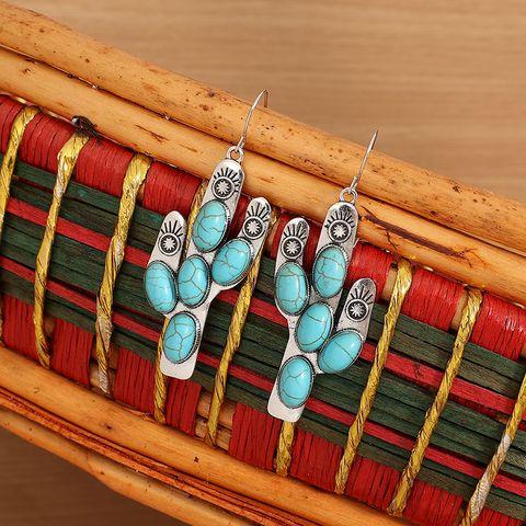 1 Pair Ethnic Style Cactus Inlay Alloy Turquoise Drop Earrings