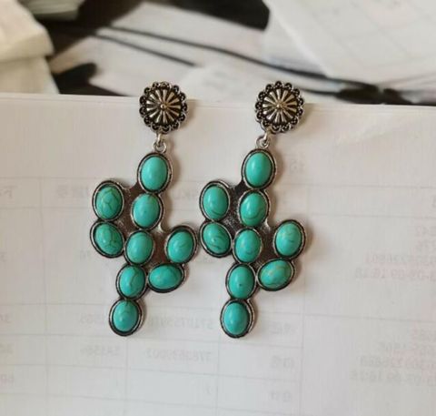 1 Pair Ethnic Style Cactus Inlay Alloy Turquoise Drop Earrings
