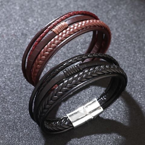 Hip-hop Solid Color Classic Style Solid Color Pu Leather Alloy Men's Wristband Bracelets Bangle