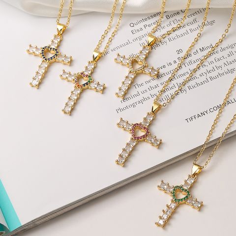 Ins Style Cross Heart Shape Copper 18k Gold Plated Zircon Pendant Necklace In Bulk