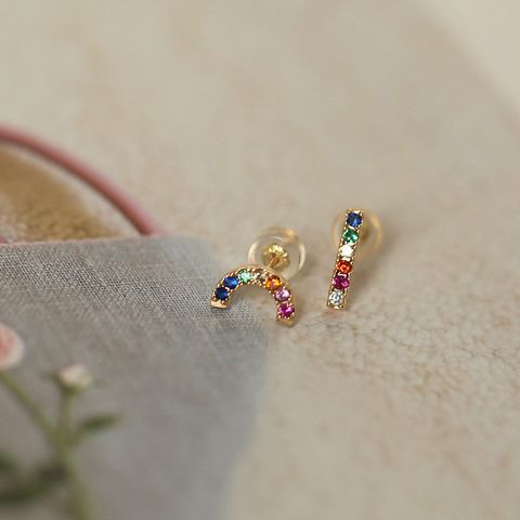 1 Pair Simple Style Rainbow Sterling Silver Asymmetrical Plating Inlay Artificial Gemstones Earrings