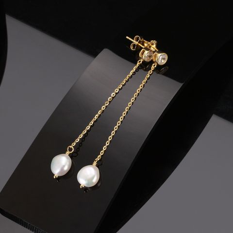 1 Pair Elegant Geometric Freshwater Pearl Sterling Silver Inlay Zircon Drop Earrings