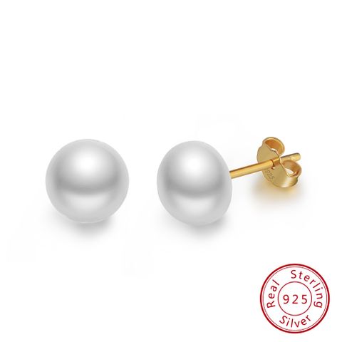 1 Pair Simple Style Round Sterling Silver Inlay Pearl 18k Gold Plated Ear Studs