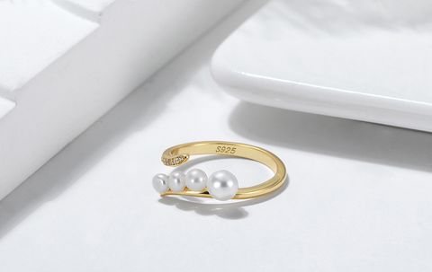 Elegant Geometric Sterling Silver Inlay Freshwater Pearl Zircon Open Ring