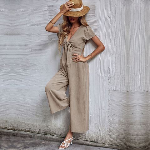 Women's Retro Streetwear Solid Color Ankle-length Patchwork Casual Pants Jumpsuits