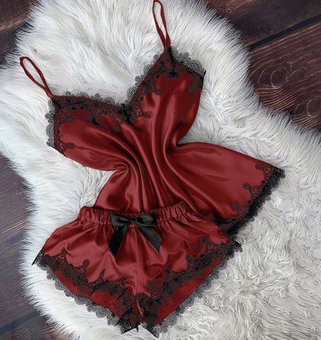 Women's Sexy Solid Color Imitated Silk Polyester Lace Shorts Sets