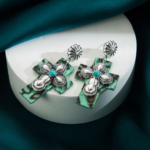 Vintage Style Ethnic Style Cross Pu Leather Alloy Plating Inlay Turquoise Silver Plated Women's Drop Earrings
