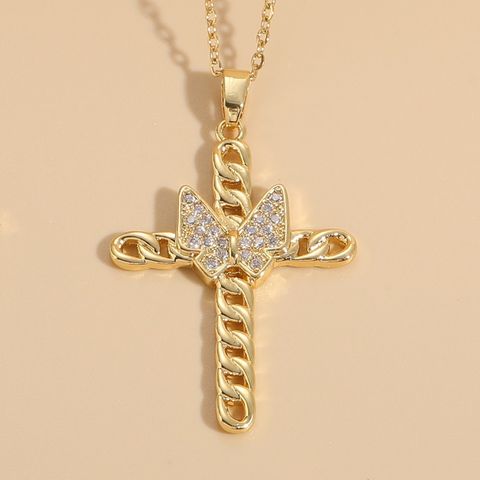 Casual Cross Copper Irregular Inlay Zircon 14k Gold Plated Necklace