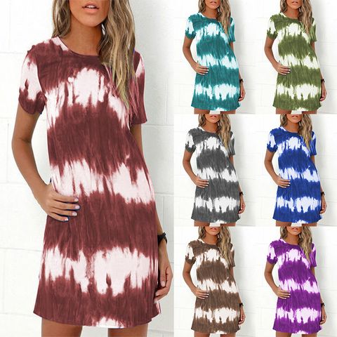 Women's A-line Skirt Casual Round Neck Washed Short Sleeve Tie Dye Knee-length Daily