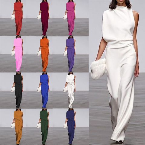 Women's Street British Style Solid Color Full Length Pleated Hollow Out Casual Pants Jumpsuits