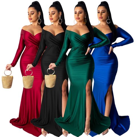 Women's Irregular Skirt Elegant V Neck Long Sleeve Solid Color Maxi Long Dress Nightclub Party Street