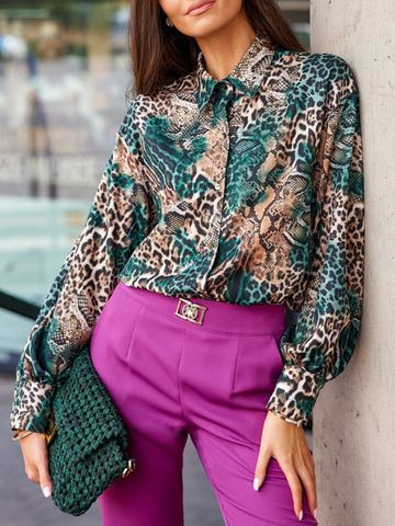 Women's Blouse Long Sleeve Blouses Printing Button British Style Abstract