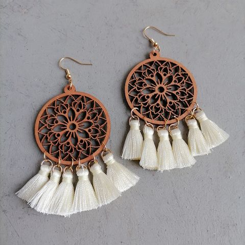 Wholesale Jewelry 1 Pair Bohemian Tassel Flower Wood Drop Earrings