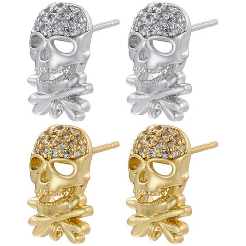 1 Pair Punk Skull Copper Plating Hollow Out Inlay Zircon 18k Gold Plated Ear Studs