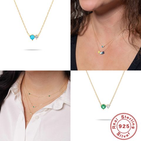 Simple Style Round Sterling Silver Inlay Turquoise Zircon Necklace