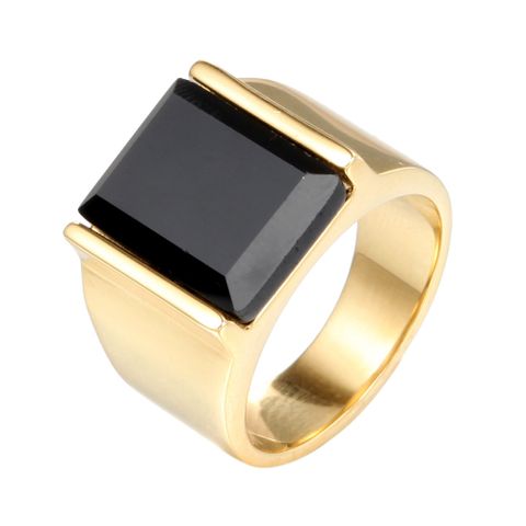 Punk Square Titanium Steel Inlay Gem 18K Gold Plated Men'S Wide Band Ring