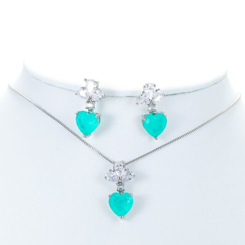 Elegante Forma De Corazón Cobre Embutido Cristal Mujeres Aretes Collar