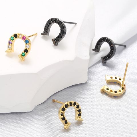 1 Pair Shiny Horseshoe Plating Inlay Copper Zircon 18k Gold Plated Ear Studs