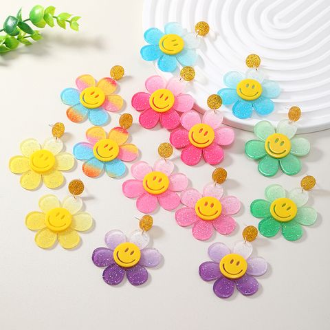 Wholesale Jewelry 1 Pair Cute Novelty Shiny Smiley Face Flower Arylic Earrings