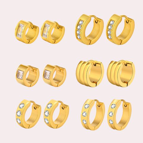 1 Pair Elegant Round Square Stripe Plating Inlay 304 Stainless Steel Zircon 18K Gold Plated Hoop Earrings