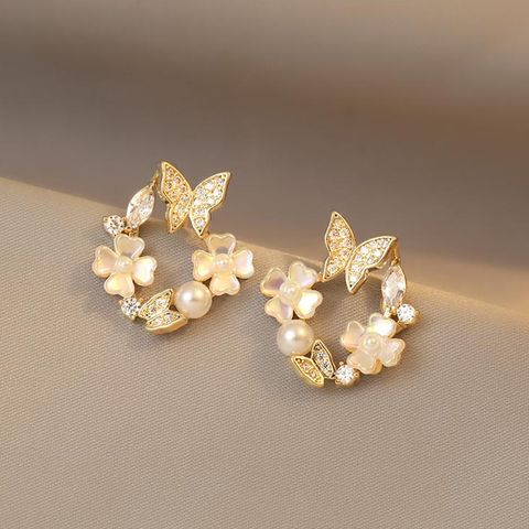Wholesale Jewelry 1 Pair Elegant Flower Butterfly Alloy Artificial Pearls Artificial Diamond Ear Studs
