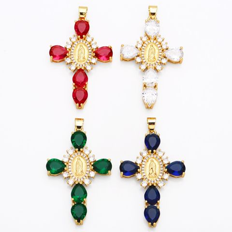 Ins Style Portrait Cross Copper Plating Inlay Zircon 18k Gold Plated Pendants Jewelry Accessories