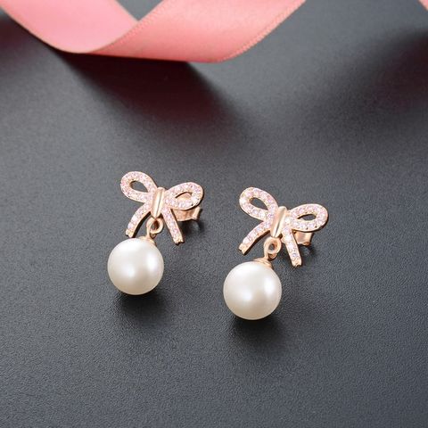 Korean Micro Diamond Bow Earrings S925 Silver Pearl Earrings