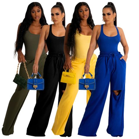 Women's Streetwear Solid Color Spandex Polyester Twilled Satin Patchwork Ripped Pants Sets