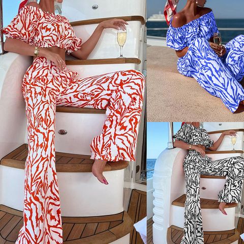 Women's Casual Printing 4-way Stretch Fabric Polyester Printing Pants Sets