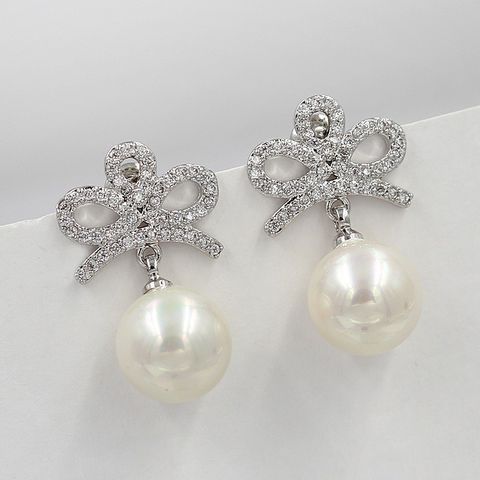 1 Pair Sweet Leaf Crown Bow Knot Imitation Pearl Copper Inlay Rhinestones Earrings