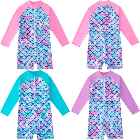 Foreign Trade Children's Swimsuit Long Sleeve Girls' One-piece Mermaid Swimsuit Medium And Big Children Sun Protection Surfing Suit Girls' Swimsuit