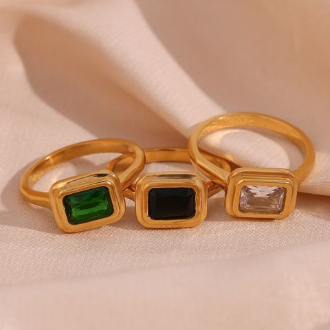 Vintage Style Rectangle Stainless Steel Plating Inlay Zircon 18k Gold Plated Rings