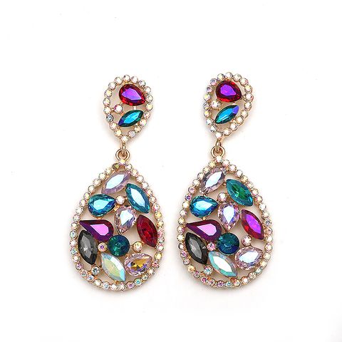 Wholesale Jewelry 1 Pair Luxurious Water Droplets Alloy Artificial Rhinestones Glass Drop Earrings