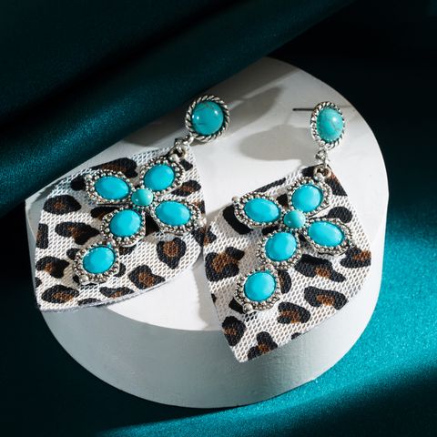 Elegant Retro Cross Leopard Alloy Plating Inlay Turquoise Glass Gold Plated Silver Plated Women's Drop Earrings
