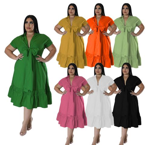 A-line Skirt Elegant Turndown Straps Short Sleeve Solid Color Midi Dress Daily Shopping