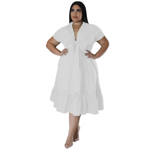 A-line Skirt Elegant Turndown Straps Short Sleeve Solid Color Midi Dress Daily Shopping