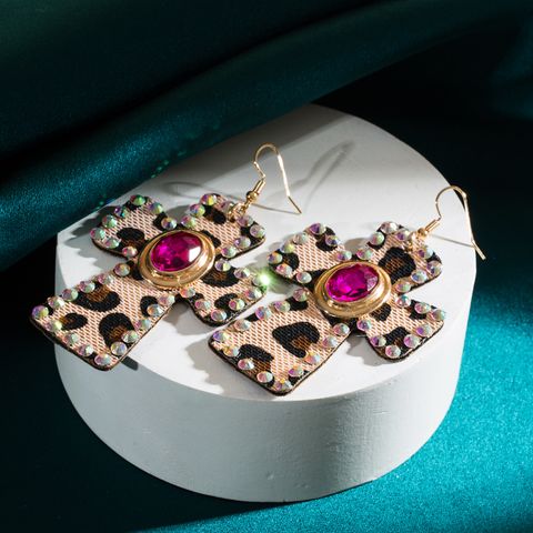 Elegant Retro Cross Leopard Alloy Leather Inlay Rhinestones Glass Women's Drop Earrings