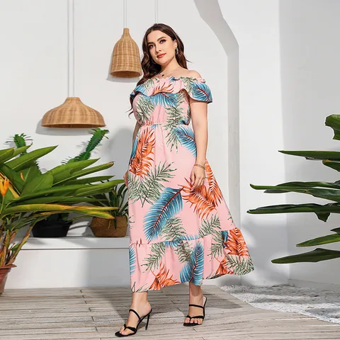 Women's Swing Dress Elegant Off Shoulder Printing Short Sleeve Leaf Maxi Long Dress Holiday Street