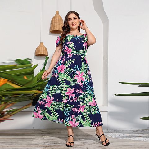 Women's Swing Dress Elegant Off Shoulder Printing Short Sleeve Leaf Maxi Long Dress Holiday Street