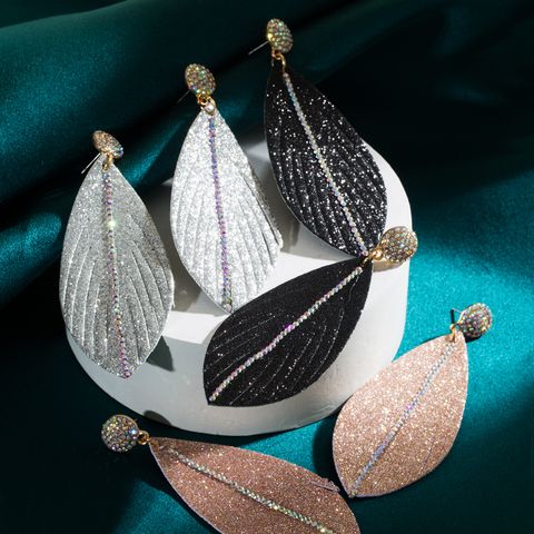 1 Pair Shiny Leaves Sequins Plating Inlay Pu Leather Alloy Rhinestones Gold Plated Drop Earrings